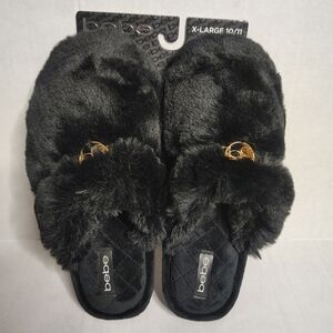 Bebe Black Faux Fur Memory Foam Indoor/Outdoor Slippers Women's Size 10/11 New